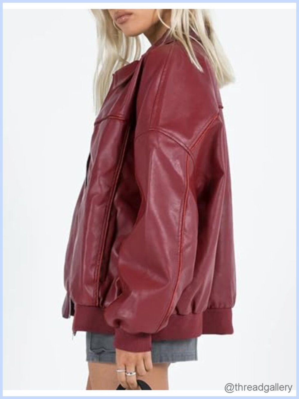 Women's Oversized Faux Leather Bomber Jacket Motorcycle Zip Up Coat - Picture 3 of 6